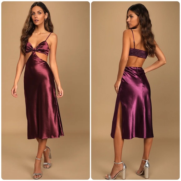 Lulus Womens Need My Love Wedding Guest Cocktail Satin Cutout Midi Dress Size M - Picture 1 of 11